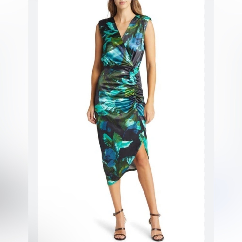 Tahari ASL Floral Ruched Knit Midi Dress Size 4 NWT